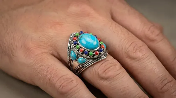 Ring Crazy Horse 925 Sterling Silber mit Türkis, Koralle, Lapislazuli Steine
